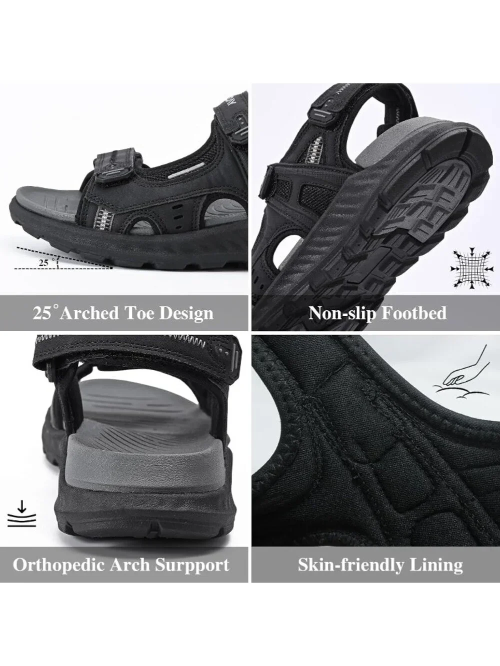 Men's Black Hiking Sandals With Arch Support Casual Rubber Athletic Shoes